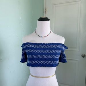 Blue Off the Shoulder Boho Ribbed Crop Top White Detailing